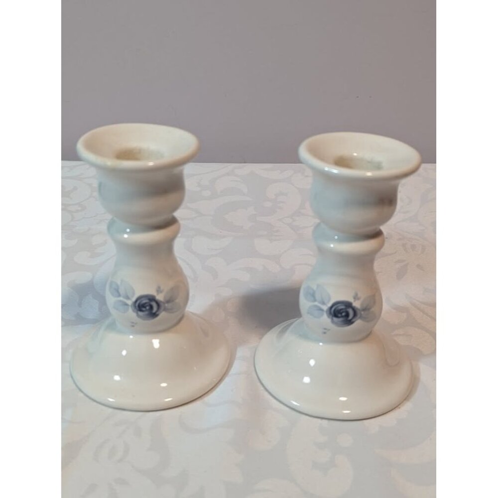 Pfaltzgraff Memories Blue Rose Glossy Finish Stoneware  Candle Sticks Set Of 2